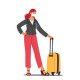 Female Tourist Character in Mask with Luggage Waiting Boarding on Airplane in Airport. Girl Traveler Go to Aircraft during Covid, Passenger Board to Jet. Trip, Travel. Cartoon Vector Illustration